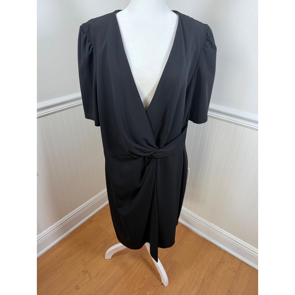 DKNY Black V Neck Short Sleeve Twist Front Midi Sheath Dress Women Size 16